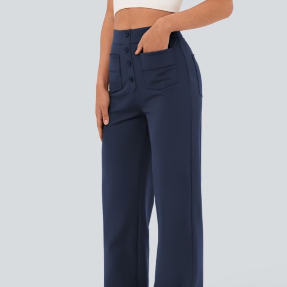 Halara High Waisted Button Multiple Pockets Straight Leg Casual Pants in Navy - Picture 3 of 6